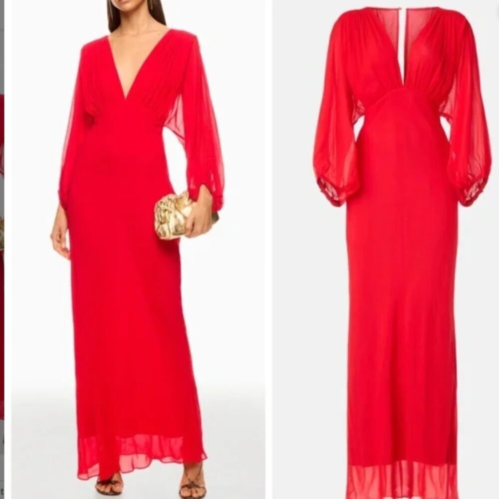 Shona Joy Amina Balloon-Sleeve Chiffon Maxi Dress Red Size 10 **Flaw**